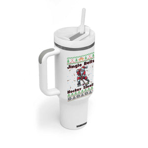 Ugly Christmas Sweater Santa Playing Hockey Tumbler With Handle Jingle Bells Hockey Smells TS12 Print Your Wear