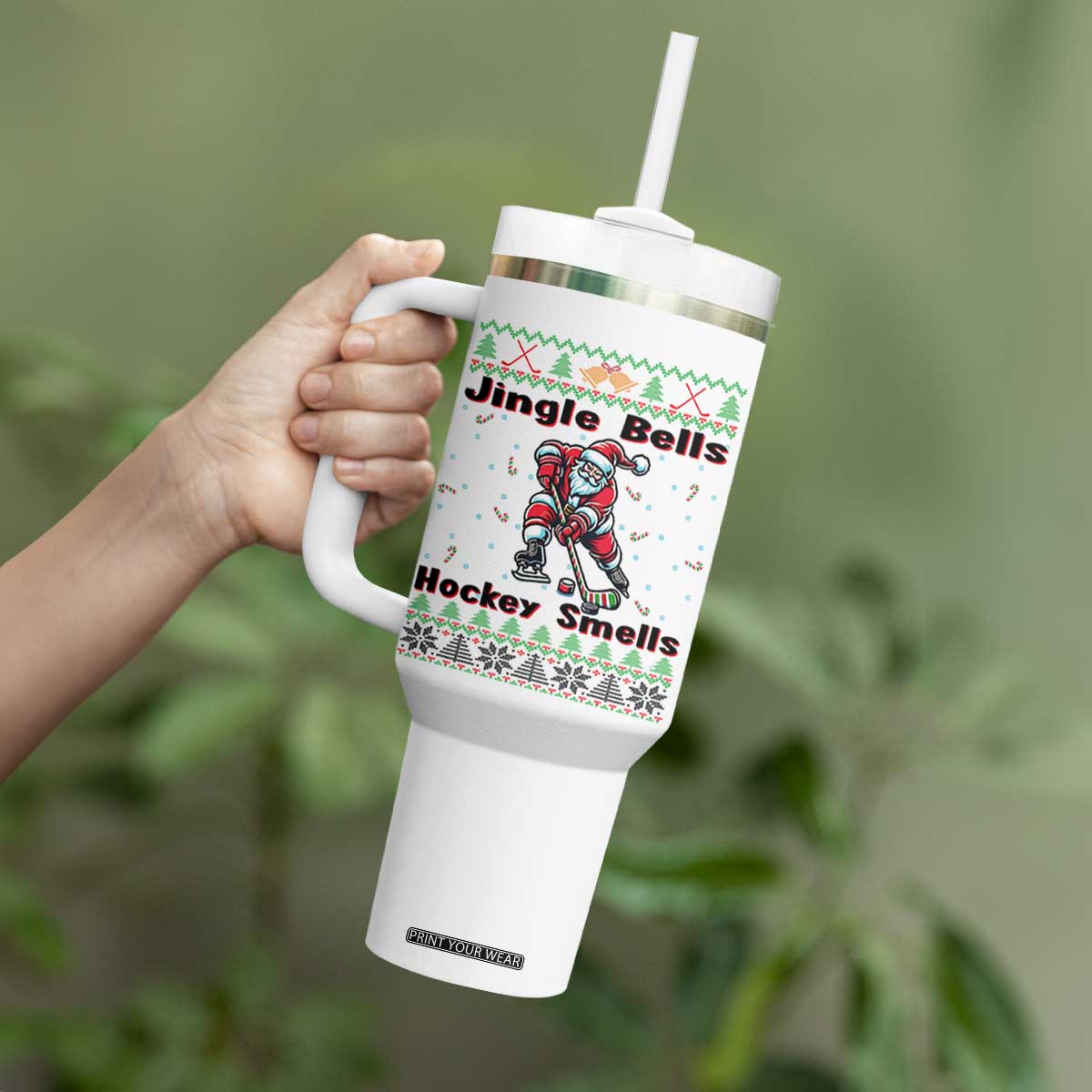 Ugly Christmas Sweater Santa Playing Hockey Tumbler With Handle Jingle Bells Hockey Smells TS12 Print Your Wear