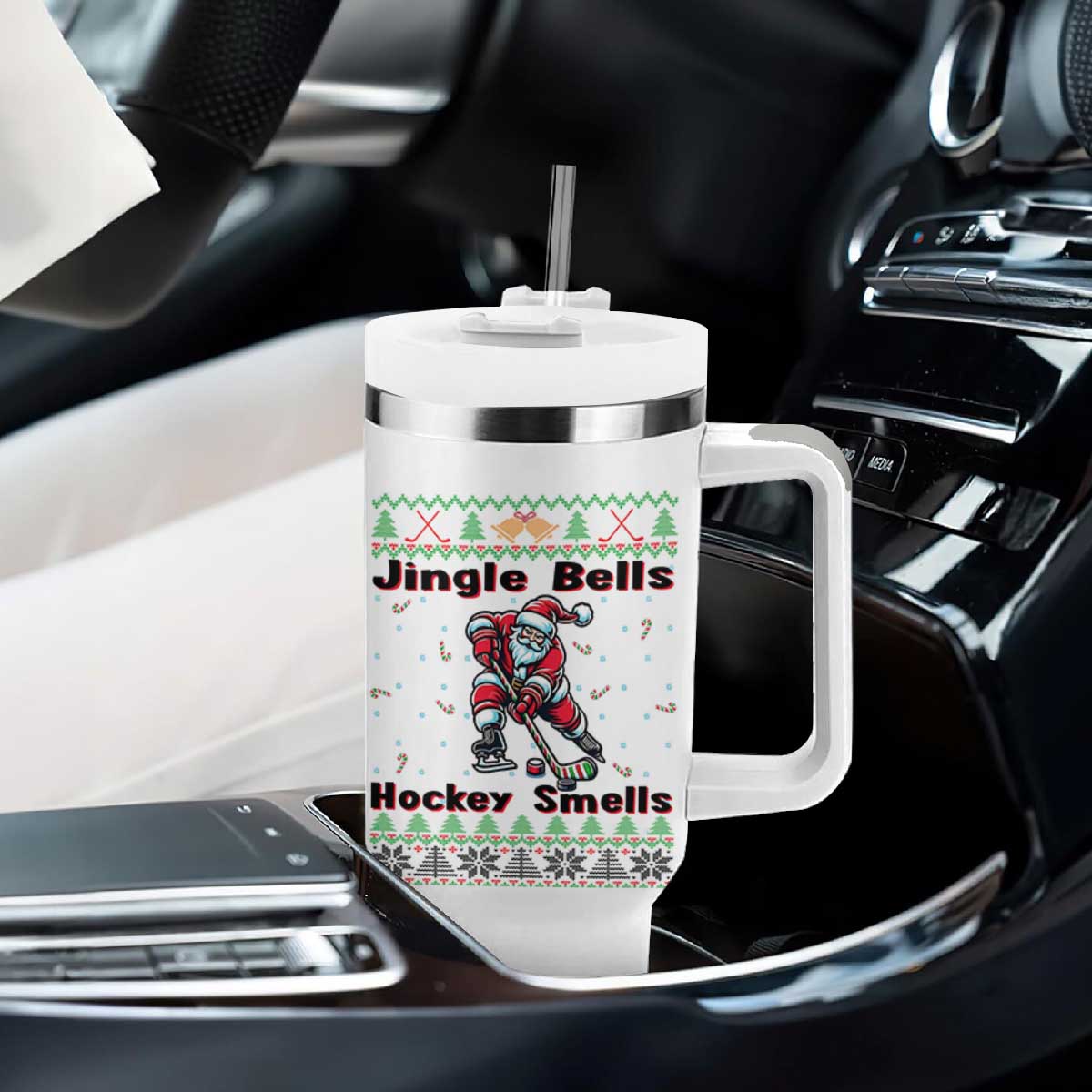 Ugly Christmas Sweater Santa Playing Hockey Tumbler With Handle Jingle Bells Hockey Smells TS12 Print Your Wear