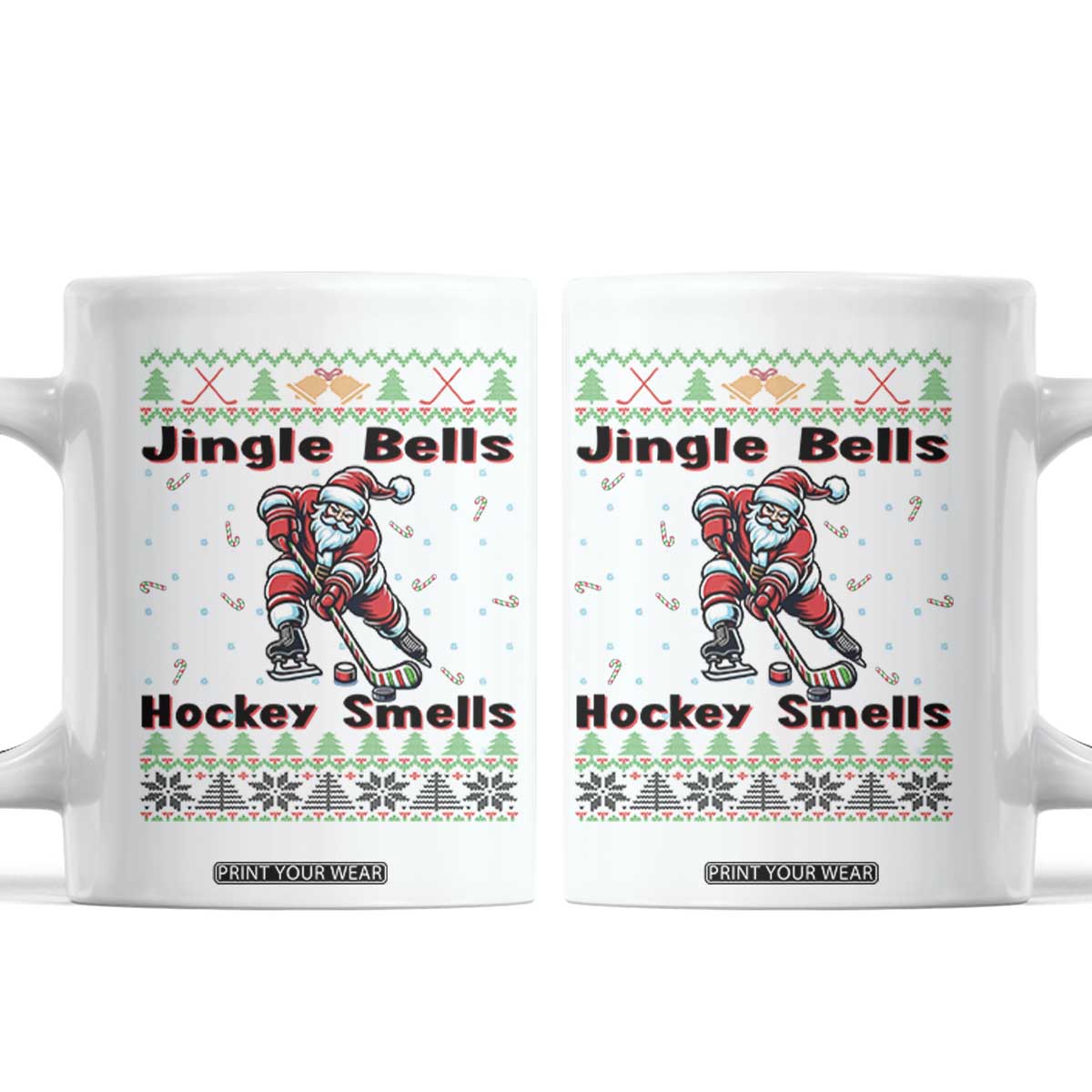 Ugly Christmas Sweater Santa Playing Hockey Coffee Mug Jingle Bells Hockey Smells TS12 White Print Your Wear