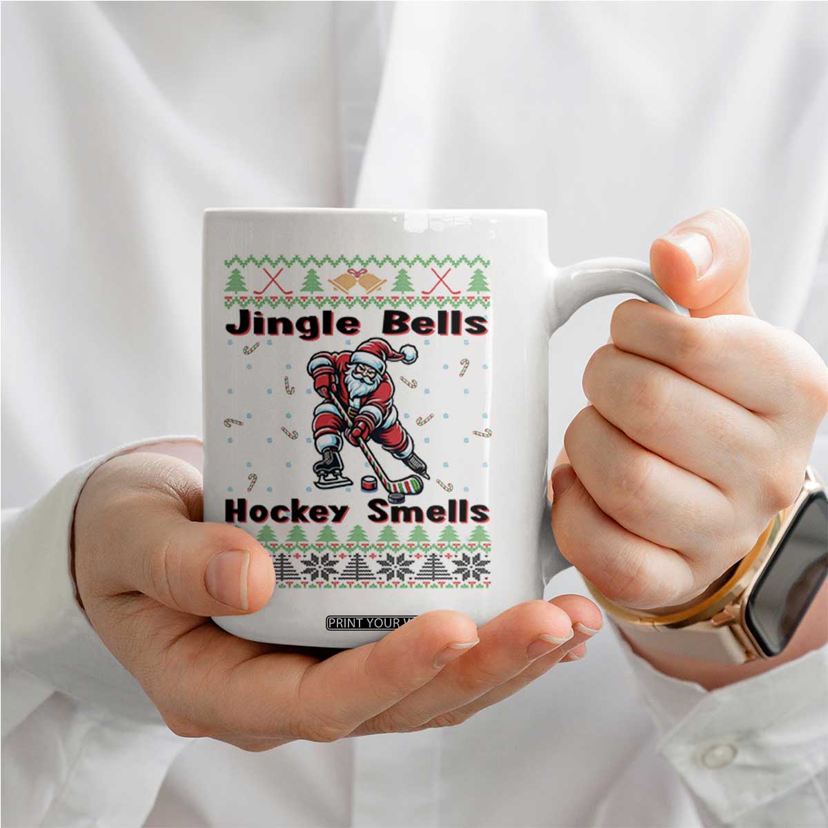 Ugly Christmas Sweater Santa Playing Hockey Coffee Mug Jingle Bells Hockey Smells TS12 Print Your Wear