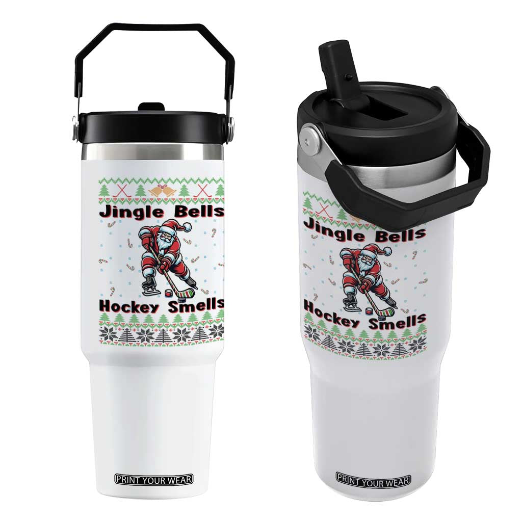 Ugly Christmas Sweater Santa Playing Hockey Flip Straw Tumbler Jingle Bells Hockey Smells TS12 One Size: 30 oz White Print Your Wear