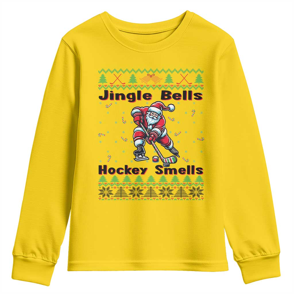 Ugly Christmas Sweater Santa Playing Hockey Youth Sweatshirt Jingle Bells Hockey Smells TS12 Daisy Print Your Wear