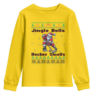 Ugly Christmas Sweater Santa Playing Hockey Youth Sweatshirt Jingle Bells Hockey Smells TS12 Daisy Print Your Wear