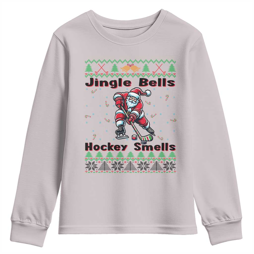 Ugly Christmas Sweater Santa Playing Hockey Youth Sweatshirt Jingle Bells Hockey Smells TS12 Ice Gray Print Your Wear