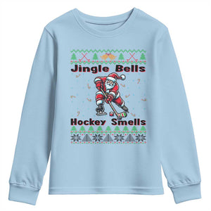 Ugly Christmas Sweater Santa Playing Hockey Youth Sweatshirt Jingle Bells Hockey Smells TS12 Light Blue Print Your Wear