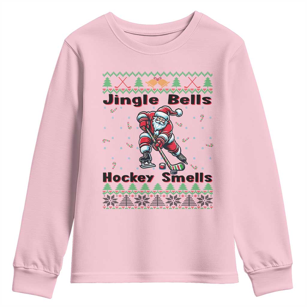 Ugly Christmas Sweater Santa Playing Hockey Youth Sweatshirt Jingle Bells Hockey Smells TS12 Light Pink Print Your Wear