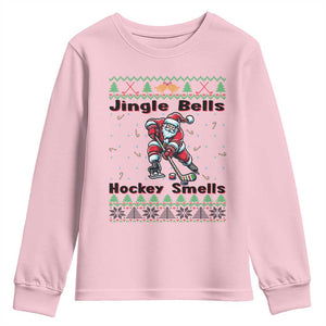Ugly Christmas Sweater Santa Playing Hockey Youth Sweatshirt Jingle Bells Hockey Smells TS12 Light Pink Print Your Wear