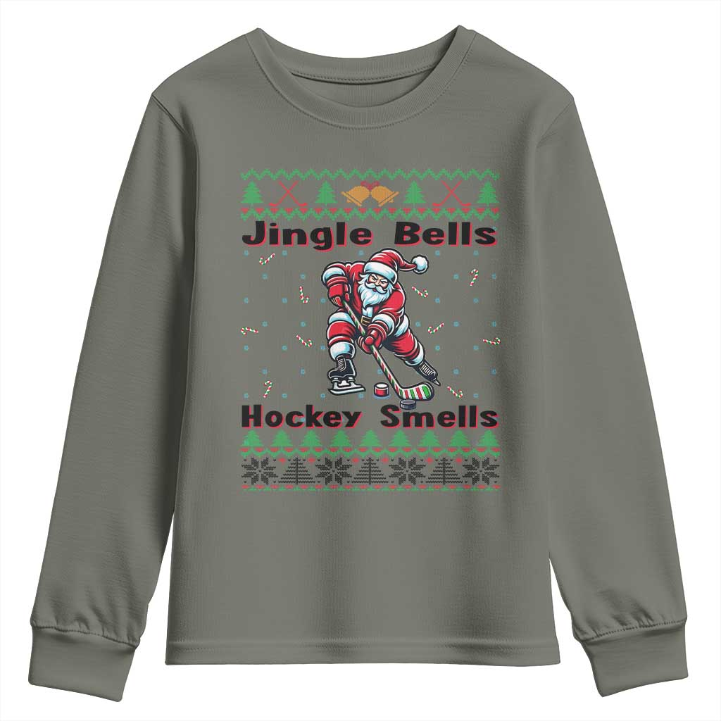 Ugly Christmas Sweater Santa Playing Hockey Youth Sweatshirt Jingle Bells Hockey Smells TS12 Military Green Print Your Wear