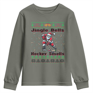 Ugly Christmas Sweater Santa Playing Hockey Youth Sweatshirt Jingle Bells Hockey Smells TS12 Military Green Print Your Wear