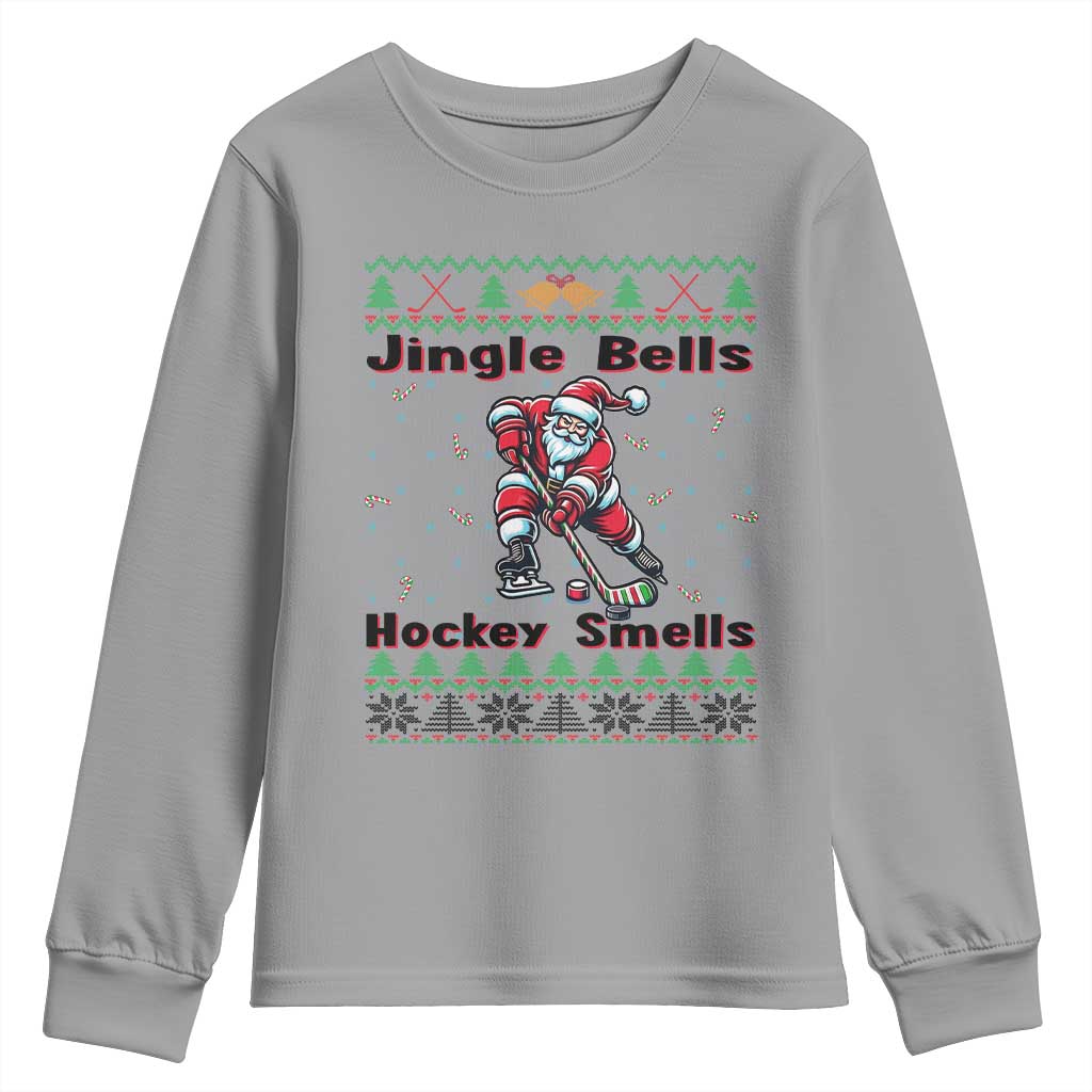Ugly Christmas Sweater Santa Playing Hockey Youth Sweatshirt Jingle Bells Hockey Smells TS12 Sport Gray Print Your Wear