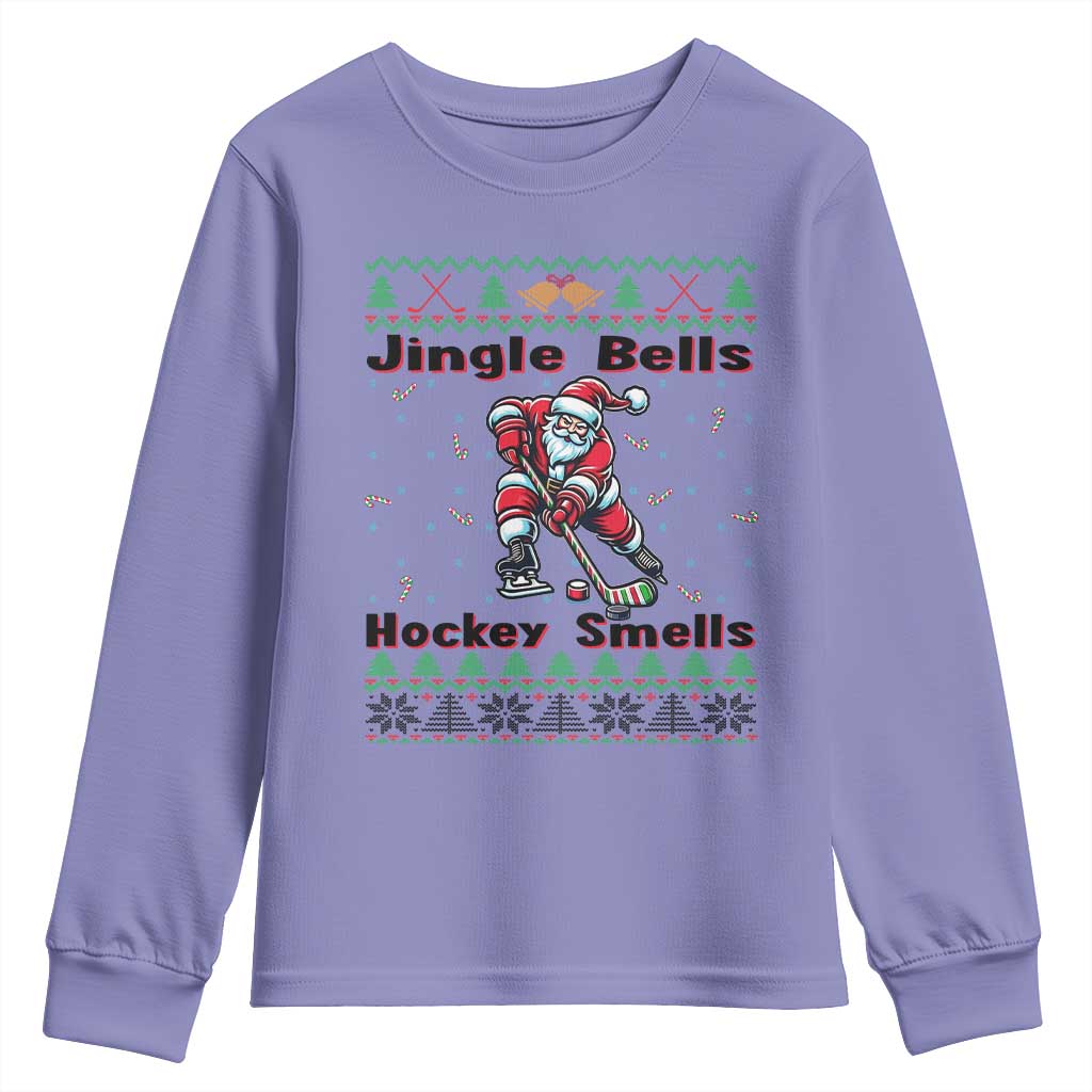 Ugly Christmas Sweater Santa Playing Hockey Youth Sweatshirt Jingle Bells Hockey Smells TS12 Violet Print Your Wear
