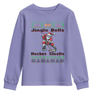 Ugly Christmas Sweater Santa Playing Hockey Youth Sweatshirt Jingle Bells Hockey Smells TS12 Violet Print Your Wear