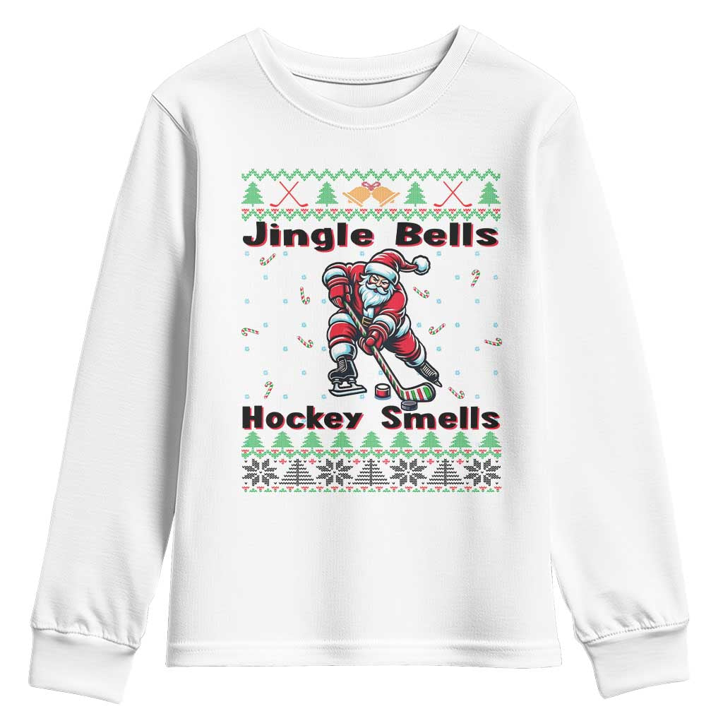 Ugly Christmas Sweater Santa Playing Hockey Youth Sweatshirt Jingle Bells Hockey Smells TS12 White Print Your Wear