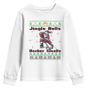Ugly Christmas Sweater Santa Playing Hockey Youth Sweatshirt Jingle Bells Hockey Smells TS12 White Print Your Wear