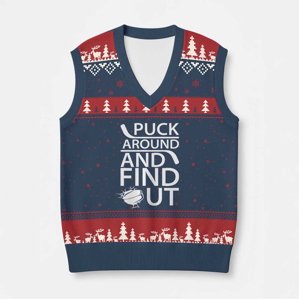 Puck Around And Find Out V-Neck Knit Sweater Vest Hockey Lover Gift TS12 Navy Red Print Your Wear