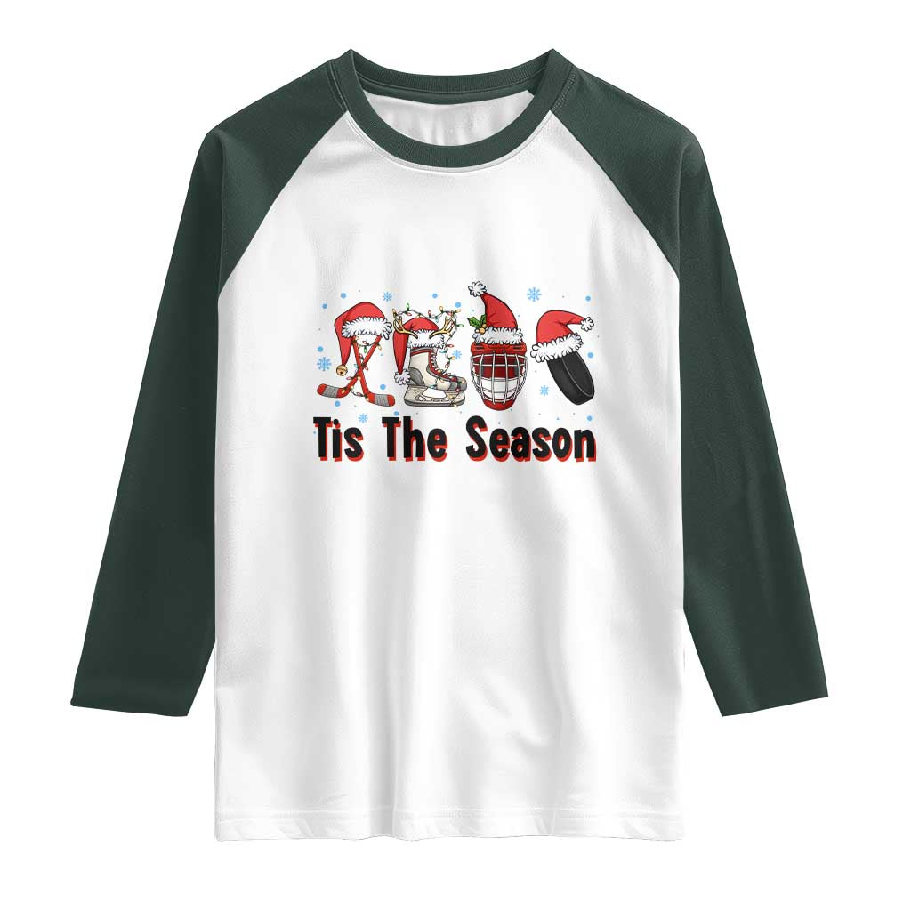 Funny Ice Hockey Christmas Gift Raglan Shirt Tis The Season TS12 White Dark Forest Green Print Your Wear