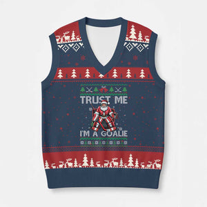 Trust Me Im A Goalie V-Neck Knit Sweater Vest Santa Hockey Goalie Ugly Sweater Gift TS12 Navy Red Print Your Wear