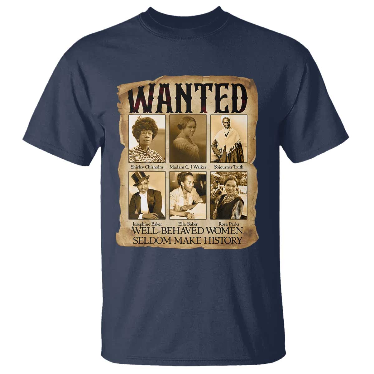 Well Behaved Women Seldom Make History T Shirt Vintage Feminist Poster TS12 Navy Print Your Wear