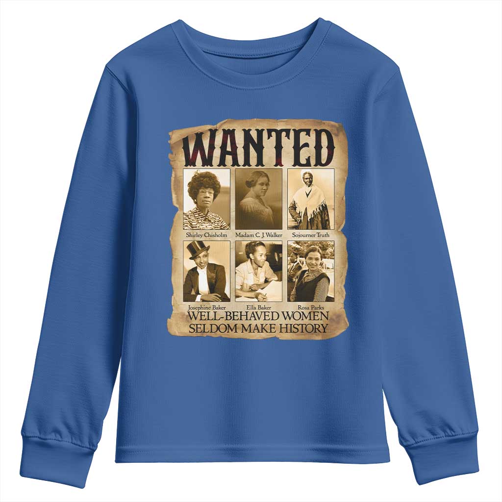 Well Behaved Women Seldom Make History Youth Sweatshirt Vintage Feminist Poster TS12 Royal Blue Print Your Wear