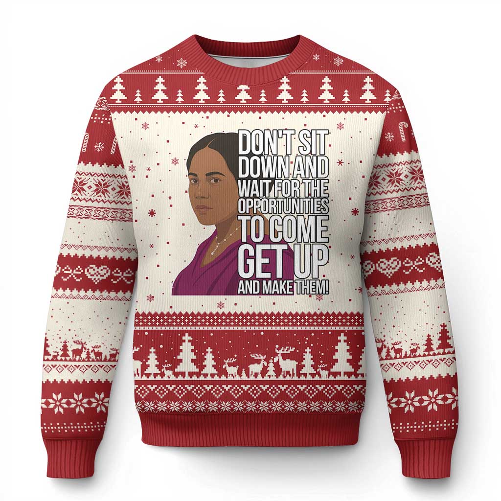 Madam CJ Walker Quote Ugly Christmas Sweater Do Not Sit Down And Wait For Opportunities TS12 Beige Red Print Your Wear