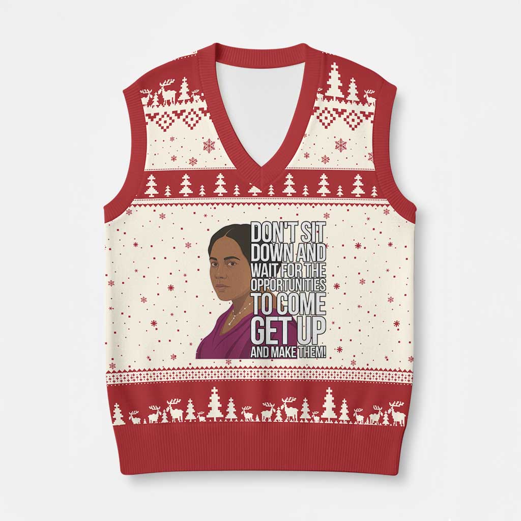 Madam CJ Walker Quote V-Neck Knit Sweater Vest Do Not Sit Down And Wait For Opportunities TS12 Beige Red Print Your Wear