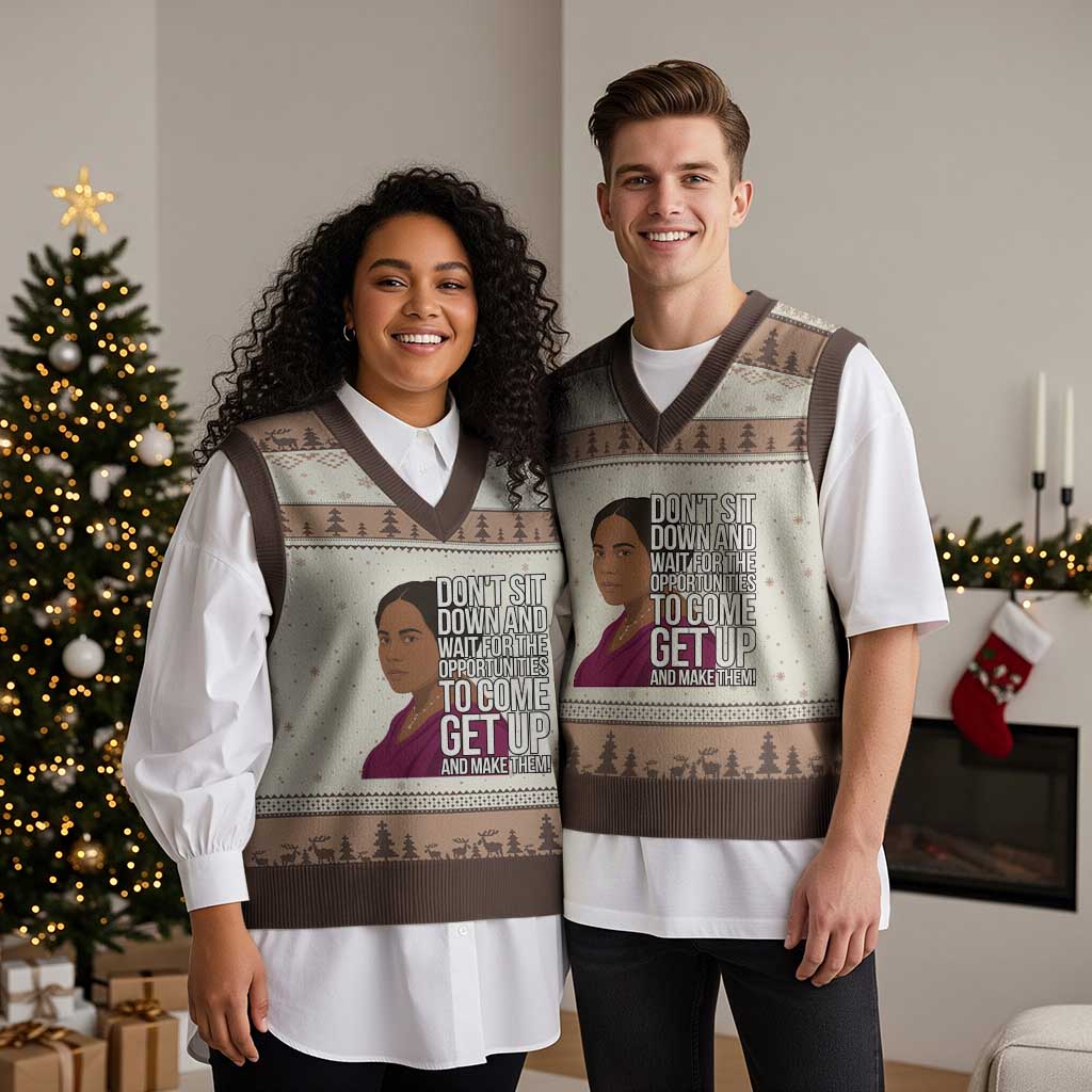 Madam CJ Walker Quote V-Neck Knit Sweater Vest Do Not Sit Down And Wait For Opportunities TS12 Mocha Mousse Print Your Wear