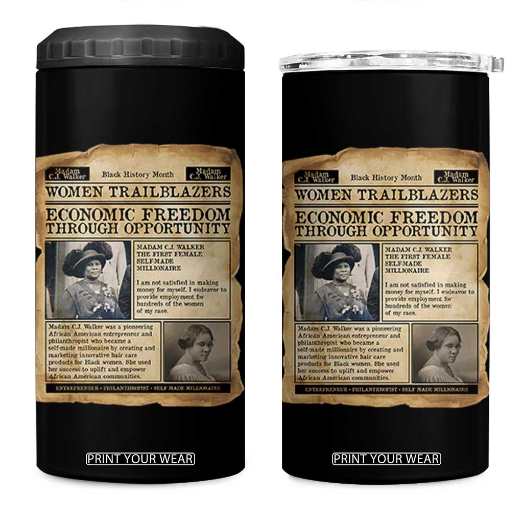 Madam CJ Walker Vintage Newspaper Style 4 in 1 Can Cooler Tumbler Economic Freedom Through Opportunity TS12 One Size: 16 oz Black Print Your Wear