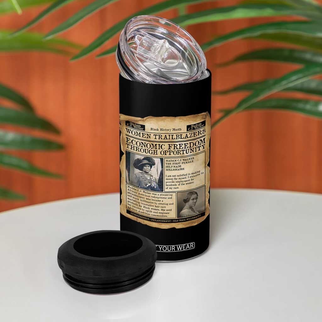Madam CJ Walker Vintage Newspaper Style 4 in 1 Can Cooler Tumbler Economic Freedom Through Opportunity TS12 Print Your Wear