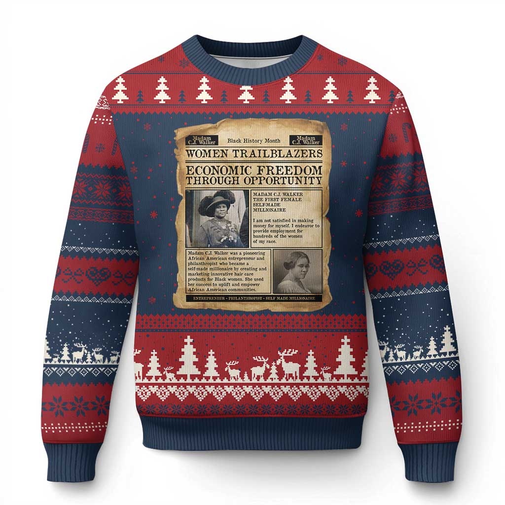 Madam CJ Walker Vintage Newspaper Style Ugly Christmas Sweater Economic Freedom Through Opportunity TS12 Navy Red Print Your Wear