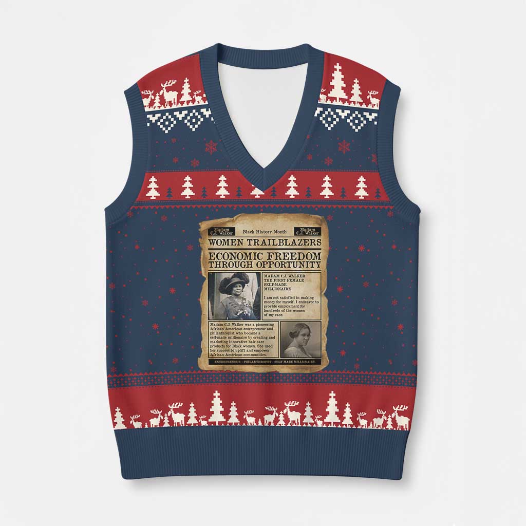Madam CJ Walker Vintage Newspaper Style V-Neck Knit Sweater Vest Economic Freedom Through Opportunity TS12 Navy Red Print Your Wear