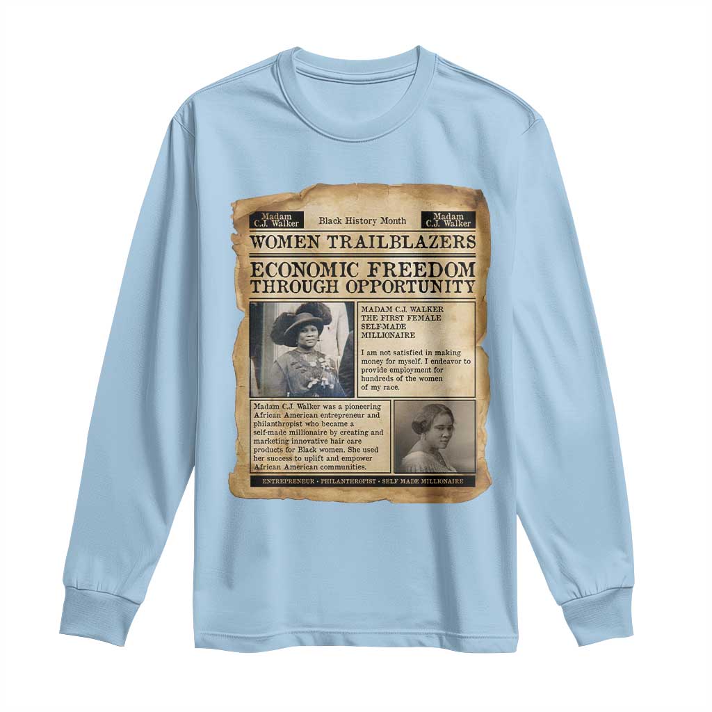 Madam CJ Walker Vintage Newspaper Style Long Sleeve Shirt Economic Freedom Through Opportunity TS12 Light Blue Print Your Wear
