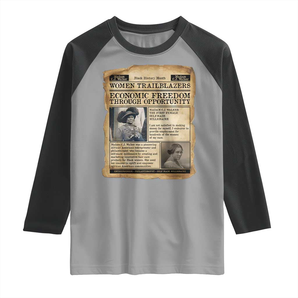 Madam CJ Walker Vintage Newspaper Style Raglan Shirt Economic Freedom Through Opportunity TS12 Sport Gray Black Print Your Wear