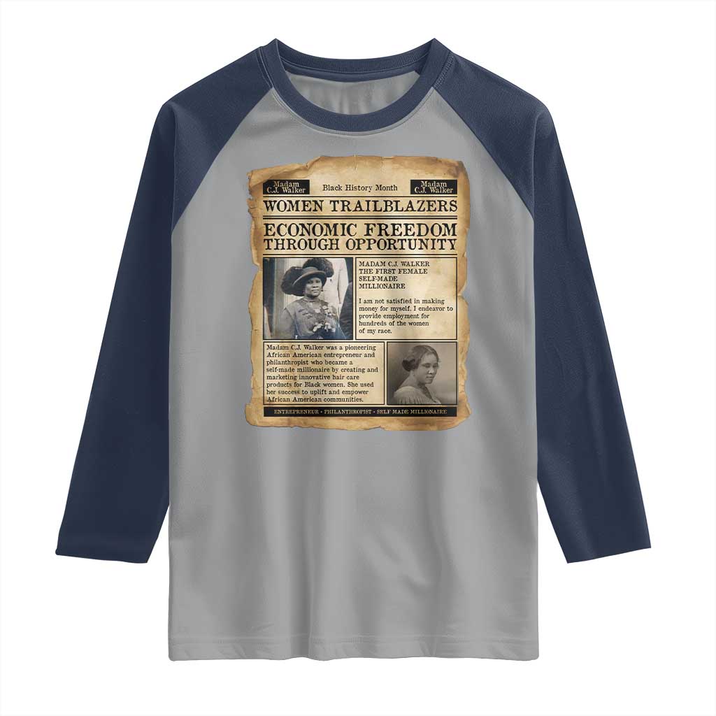 Madam CJ Walker Vintage Newspaper Style Raglan Shirt Economic Freedom Through Opportunity TS12 Sport Gray Navy Print Your Wear