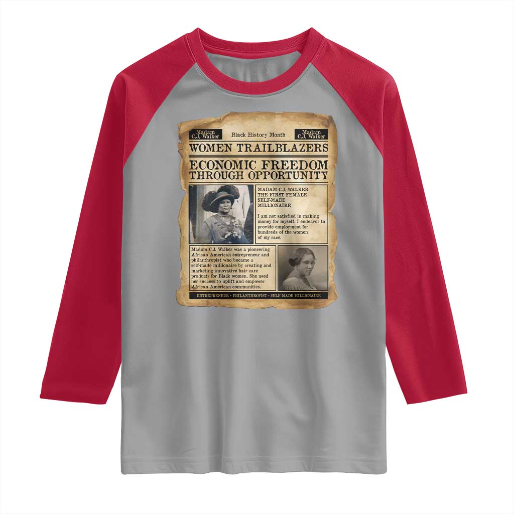 Madam CJ Walker Vintage Newspaper Style Raglan Shirt Economic Freedom Through Opportunity TS12 Sport Gray Red Print Your Wear