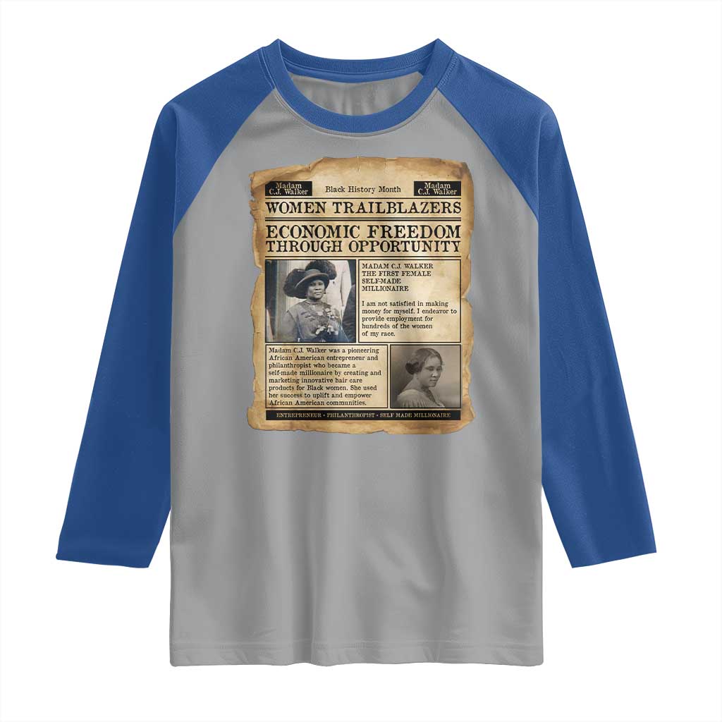 Madam CJ Walker Vintage Newspaper Style Raglan Shirt Economic Freedom Through Opportunity TS12 Sport Gray Royal Print Your Wear