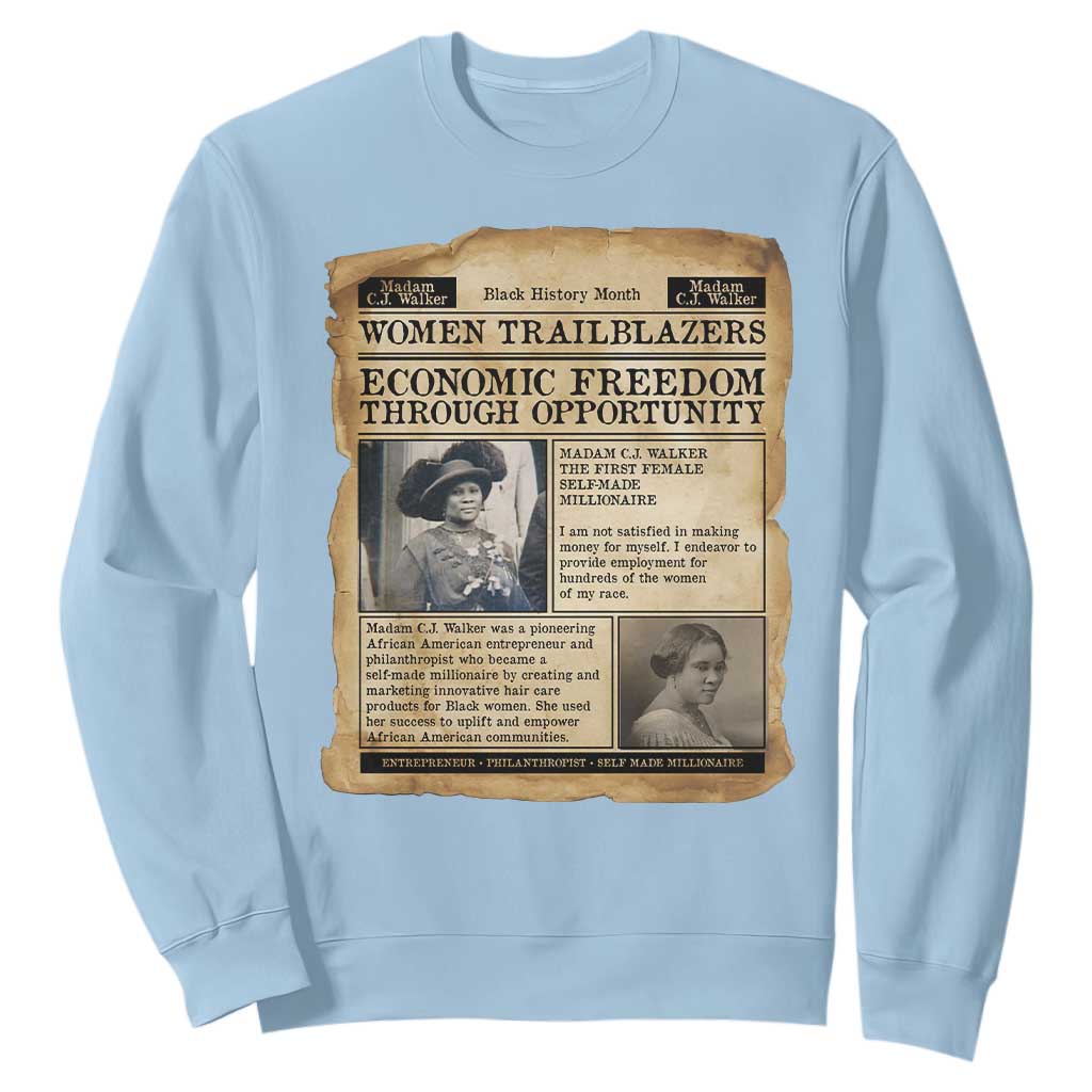 Madam CJ Walker Vintage Newspaper Style Sweatshirt Economic Freedom Through Opportunity TS12 Light Blue Print Your Wear