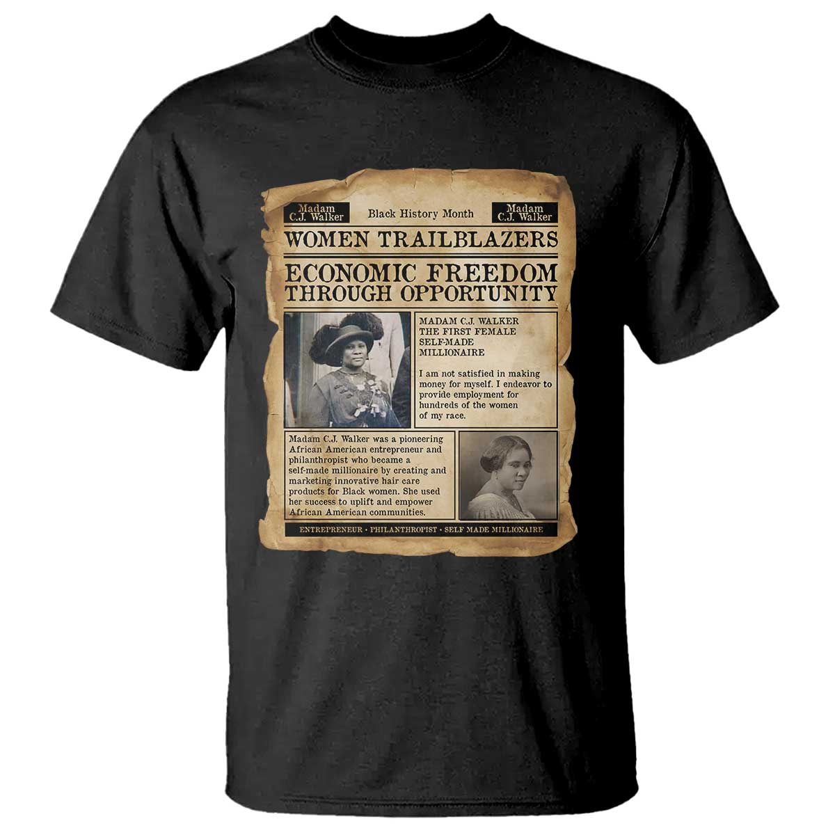 Madam CJ Walker Vintage Newspaper Style T Shirt Economic Freedom Through Opportunity TS12 Black Print Your Wear