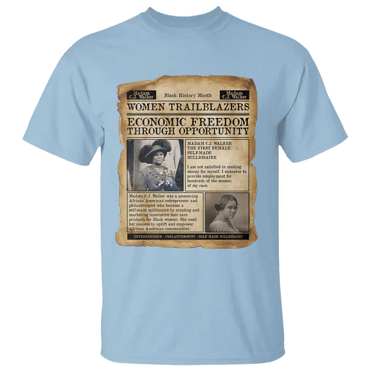 Madam CJ Walker Vintage Newspaper Style T Shirt Economic Freedom Through Opportunity TS12 Light Blue Print Your Wear
