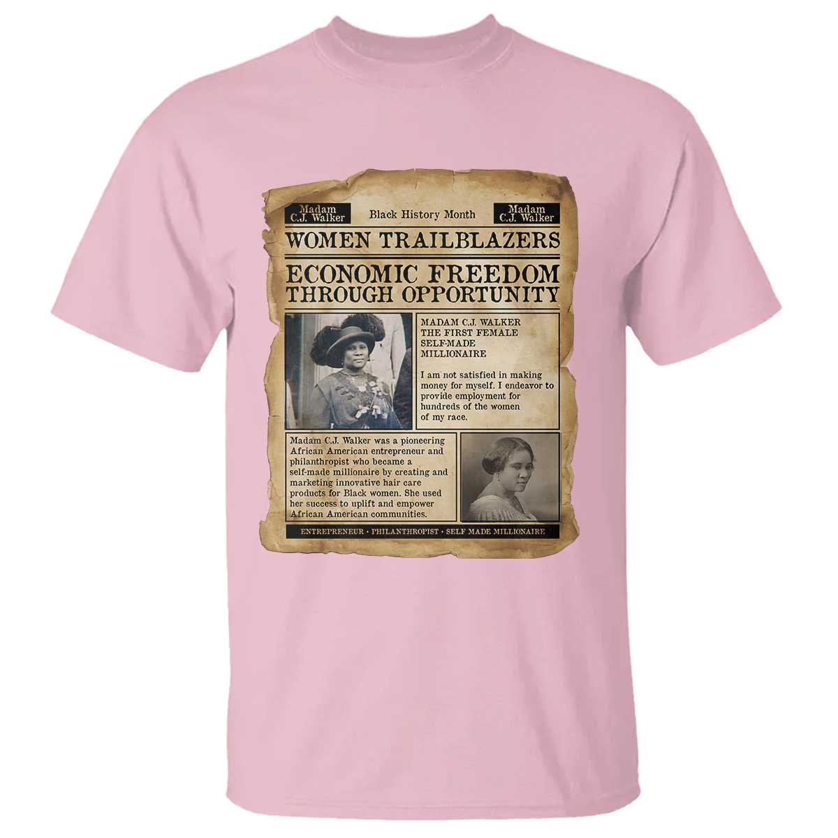 Madam CJ Walker Vintage Newspaper Style T Shirt Economic Freedom Through Opportunity TS12 Light Pink Print Your Wear