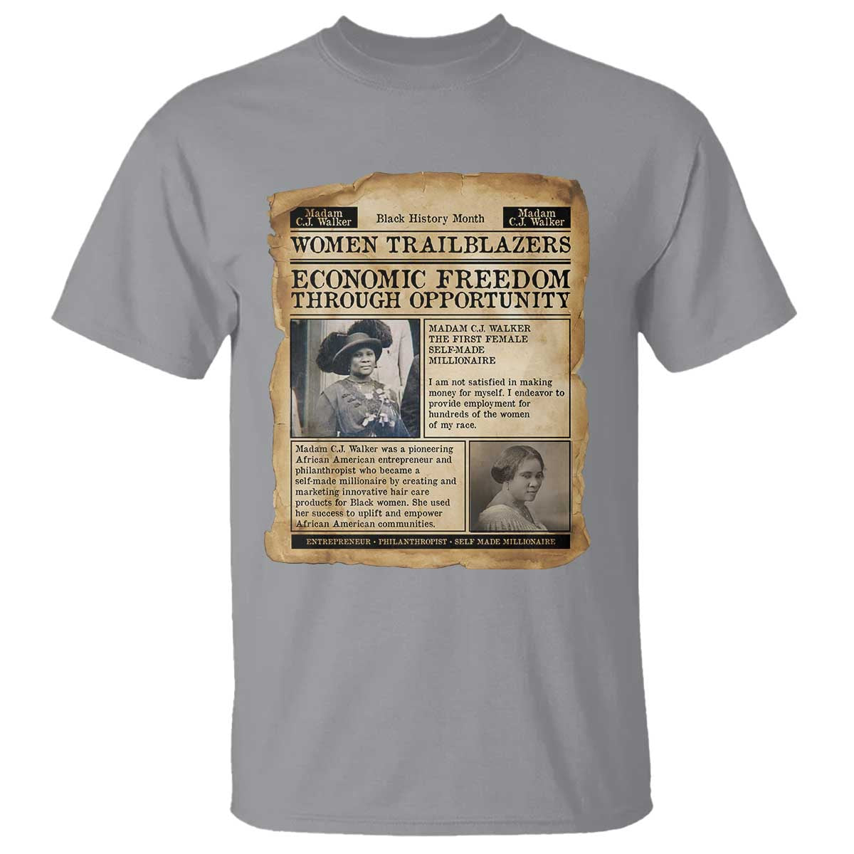 Madam CJ Walker Vintage Newspaper Style T Shirt Economic Freedom Through Opportunity TS12 Sport Gray Print Your Wear