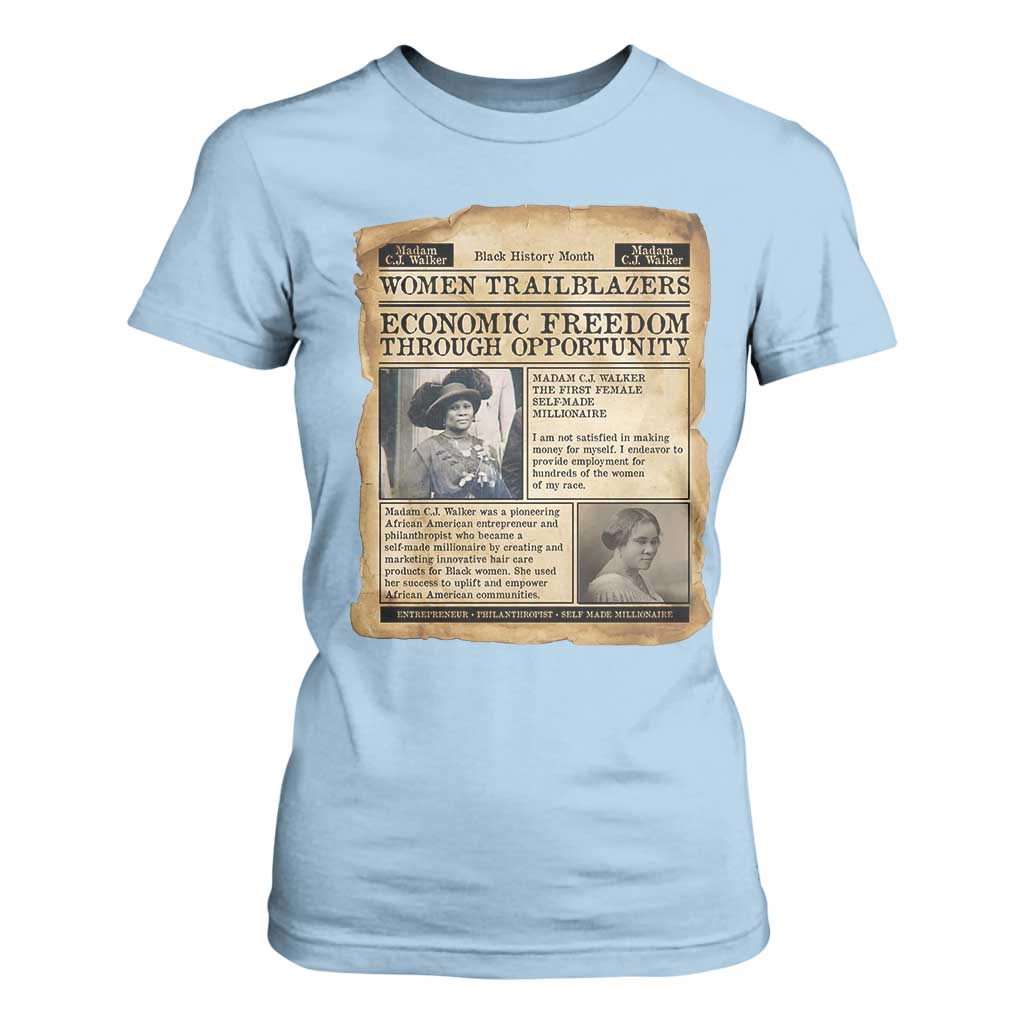 Madam CJ Walker Vintage Newspaper Style T Shirt For Women Economic Freedom Through Opportunity TS12 Light Blue Print Your Wear