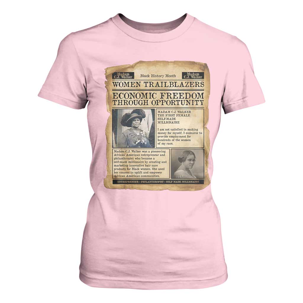 Madam CJ Walker Vintage Newspaper Style T Shirt For Women Economic Freedom Through Opportunity TS12 Light Pink Print Your Wear
