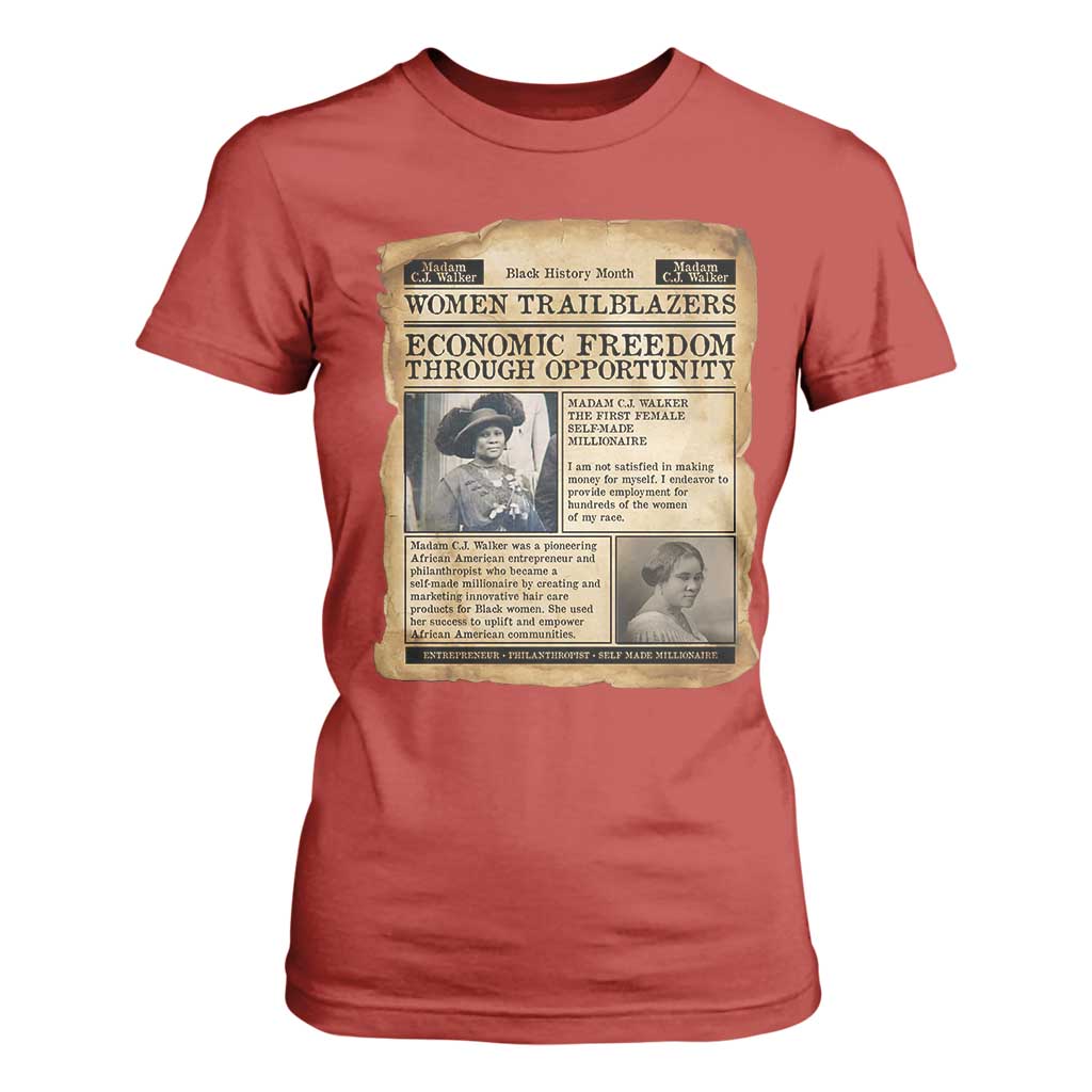 Madam CJ Walker Vintage Newspaper Style T Shirt For Women Economic Freedom Through Opportunity TS12 Red Print Your Wear
