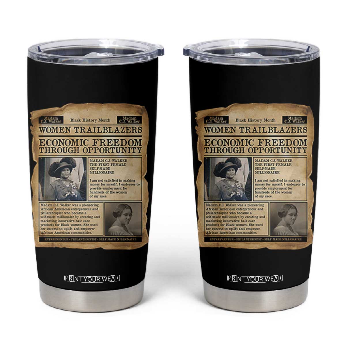 Madam CJ Walker Vintage Newspaper Style Tumbler Cup Economic Freedom Through Opportunity TS12 Black Print Your Wear