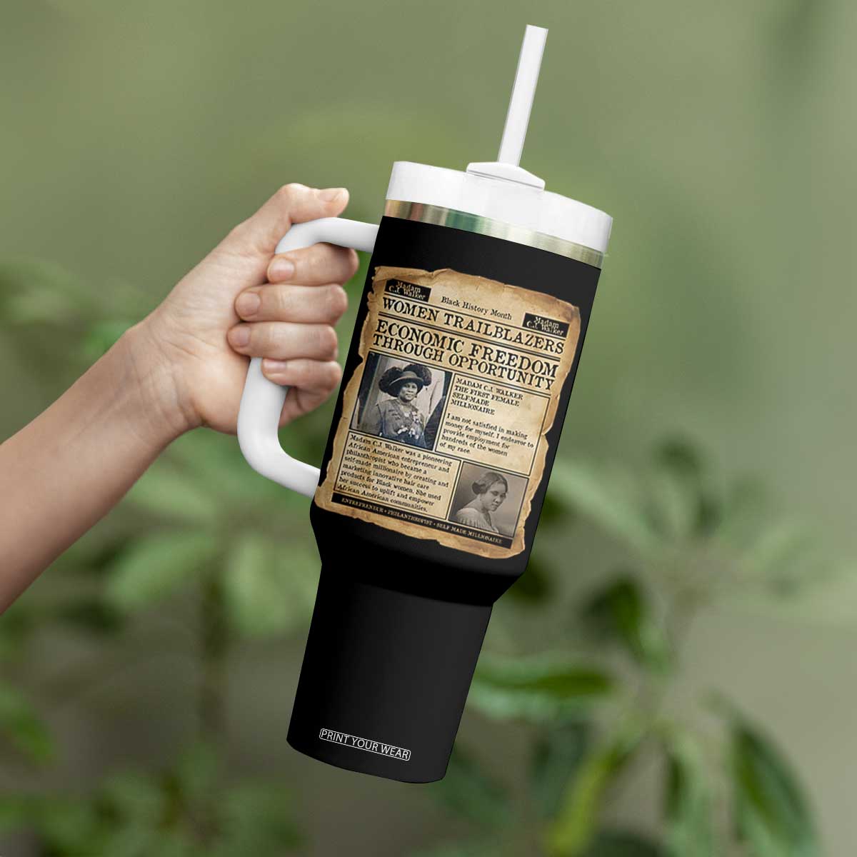 Madam CJ Walker Vintage Newspaper Style Tumbler With Handle Economic Freedom Through Opportunity TS12 Print Your Wear