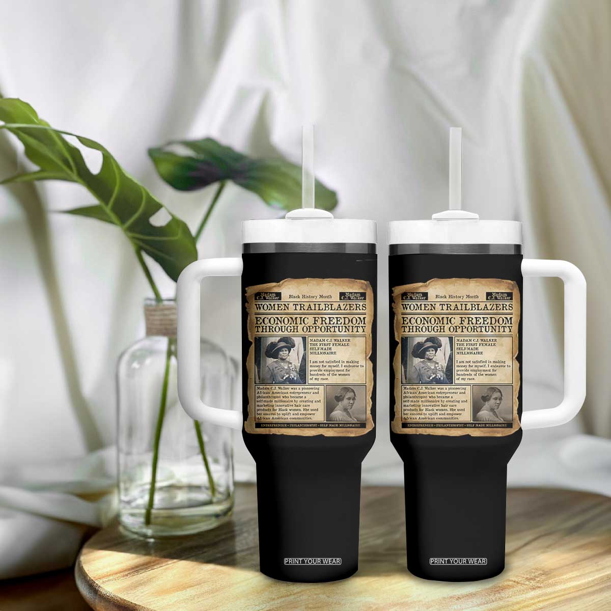 Madam CJ Walker Vintage Newspaper Style Tumbler With Handle Economic Freedom Through Opportunity TS12 Print Your Wear