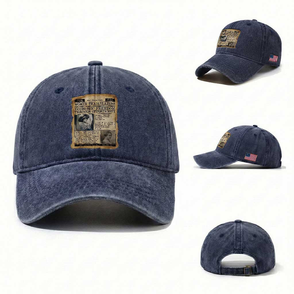 Madam CJ Walker Vintage Newspaper Style Washed Cotton Baseball Cap Economic Freedom Through Opportunity TS12 Washed Cap Universal Fit Navy Print Your Wear