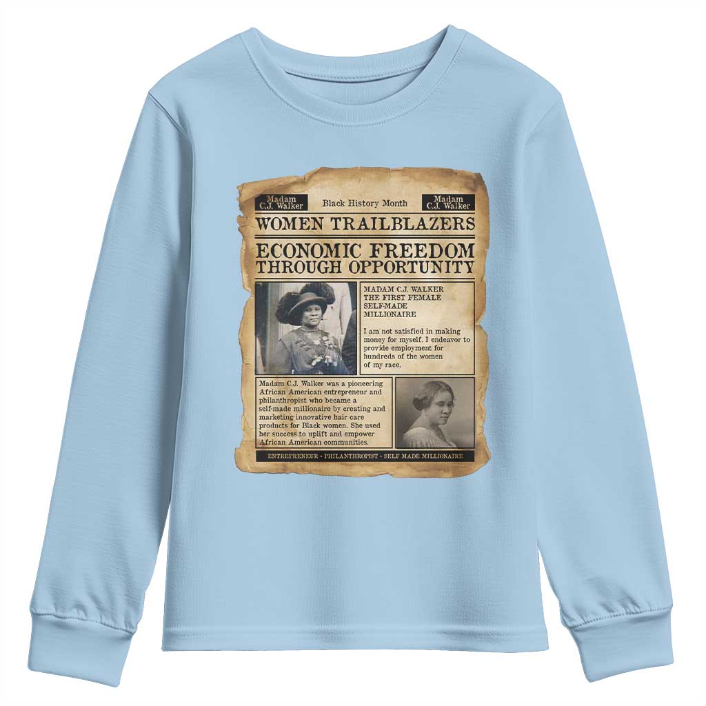 Madam CJ Walker Vintage Newspaper Style Youth Sweatshirt Economic Freedom Through Opportunity TS12 Light Blue Print Your Wear
