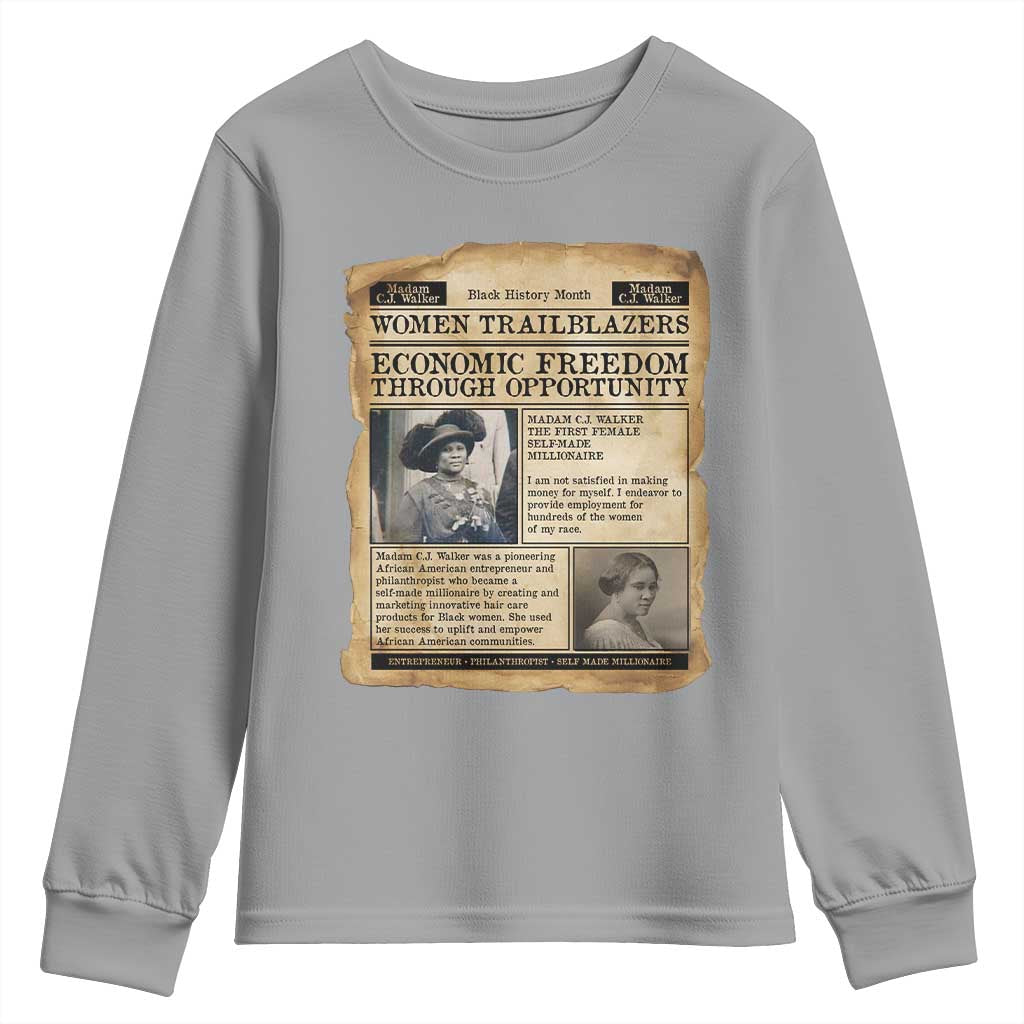 Madam CJ Walker Vintage Newspaper Style Youth Sweatshirt Economic Freedom Through Opportunity TS12 Sport Gray Print Your Wear